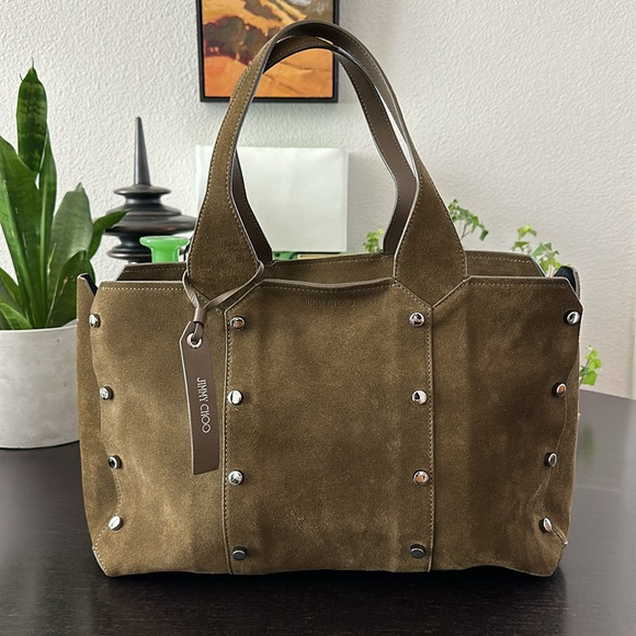 Jimmy Choo Handbags - Jimmy Choo Lockett Suede & Metal Shopper Green Olive Steel
Satchel Tote